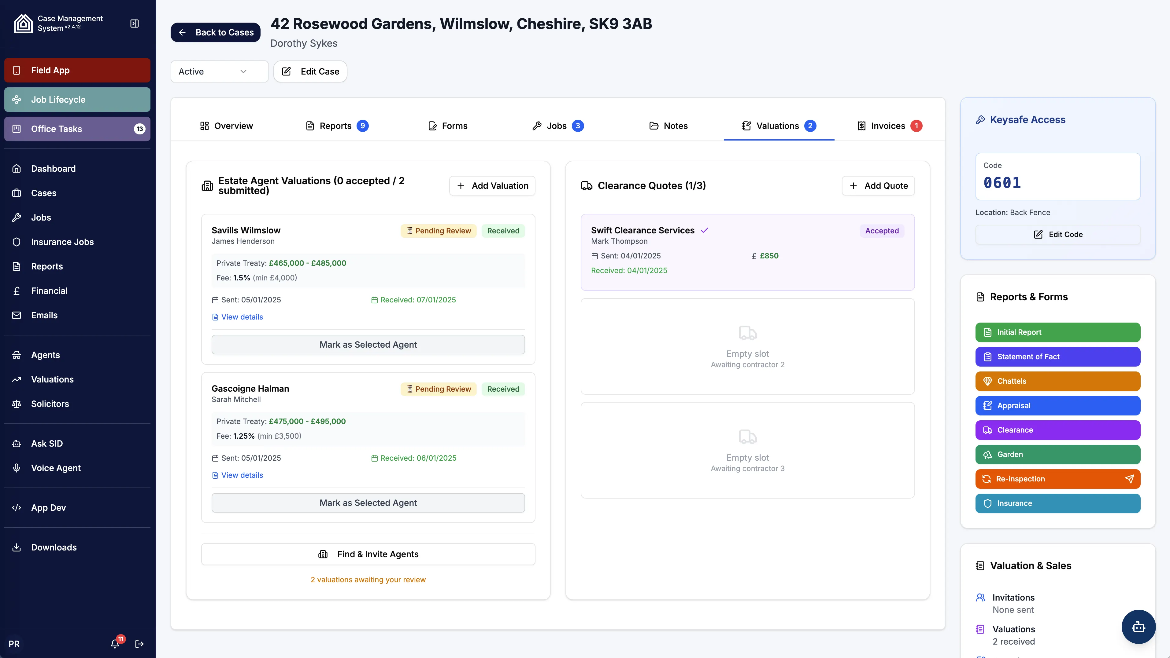 Automated valuation report generated by the platform